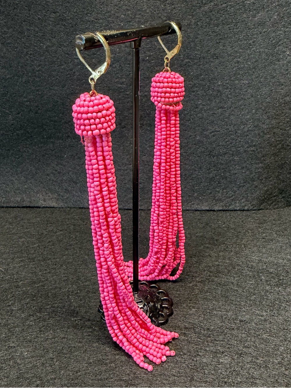 Artisan Made Fuchsia Hot Pink Beaded Tassel Earrings 5” Boho Statement Dangles - Picture 4 of 8
